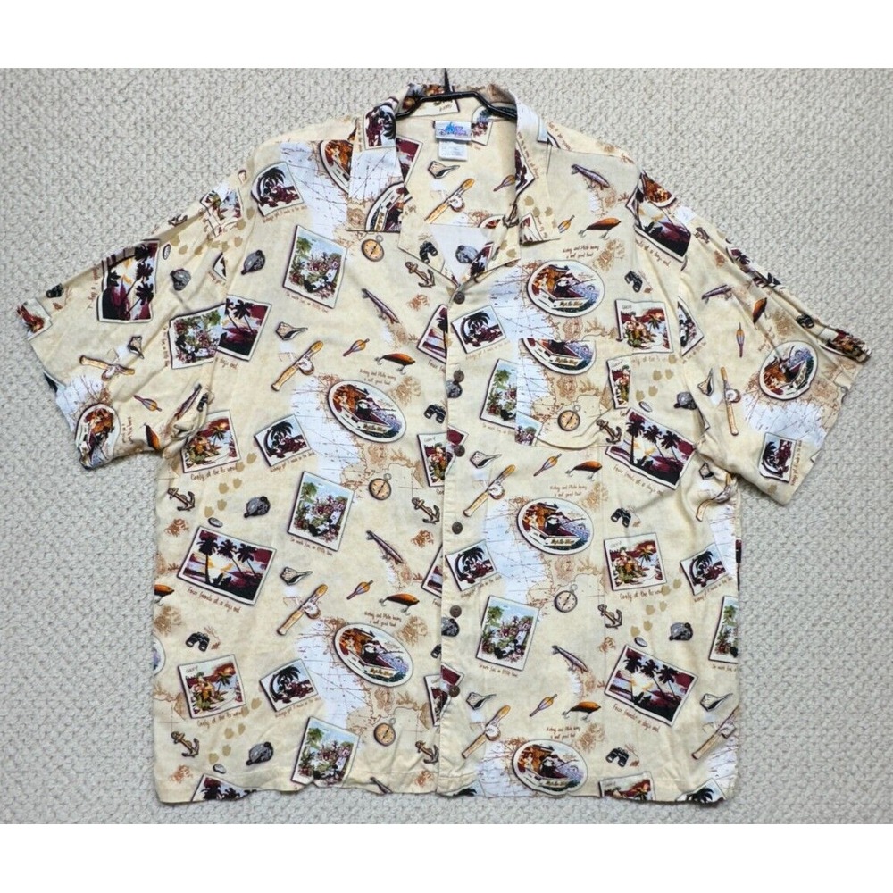 Disneyland Resort Hawaiian Shirt Men 2XL Travel Fishing Mickey Mouse Pluto Goofy